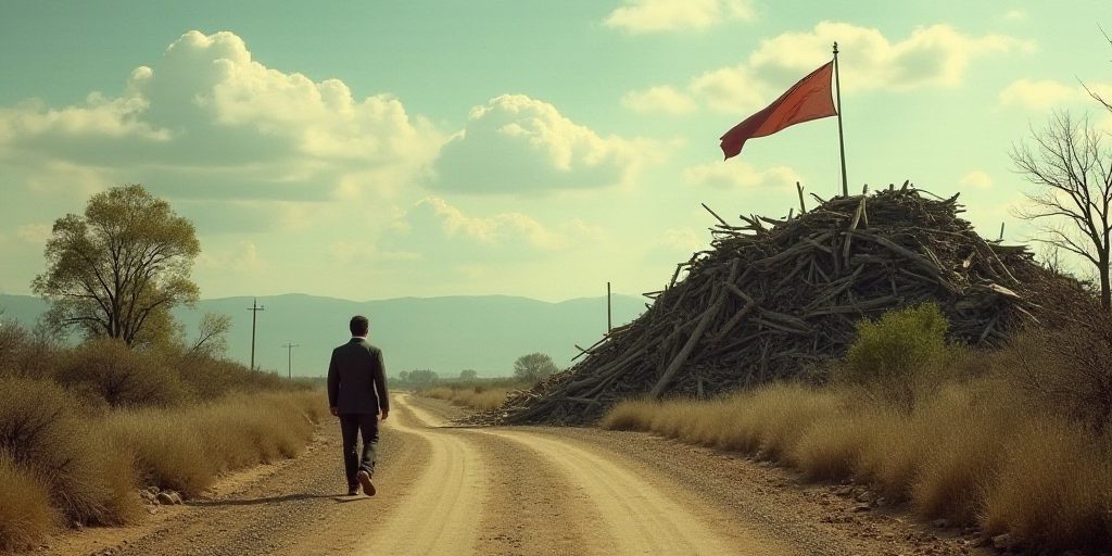 a man walking down a dirt road next to a pile of rubble and trees with a flag on top of it, Elbridge