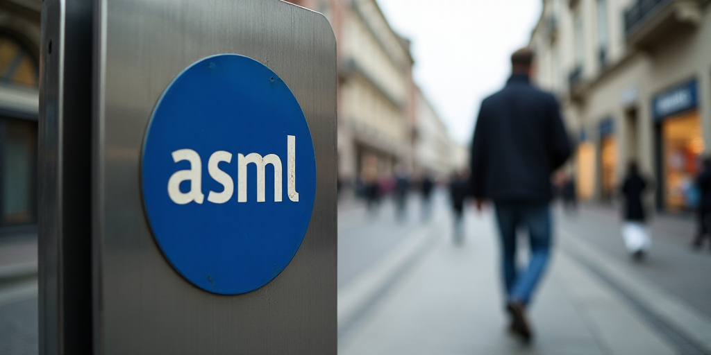 a man walking down a street past a metal sign that says asml on it's side and a blue asml logo on th
