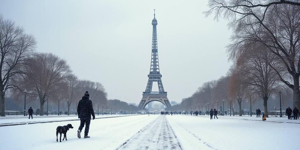a man walking in front of the eiffel tower in the snow with a dog nearby on a snowy day, Charles Ang