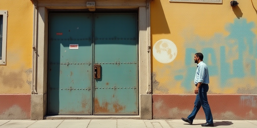 a man walking past a building with a large metal door and a sign on it that says roma de albrees de