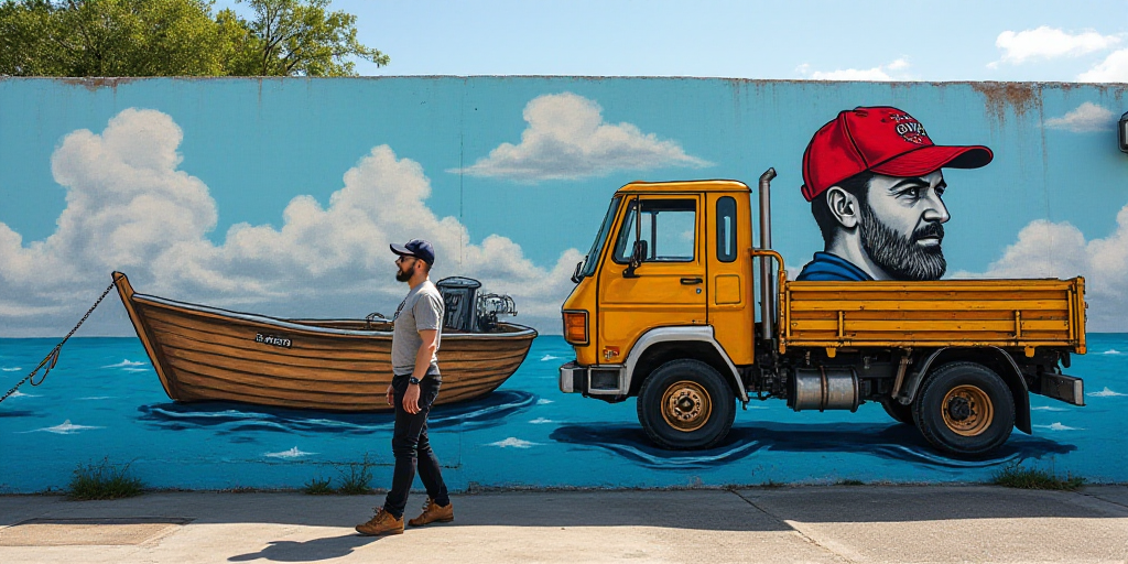 a man walking past a painting of a boat and a truck on a wall with a red hat on, Aquirax Uno, public