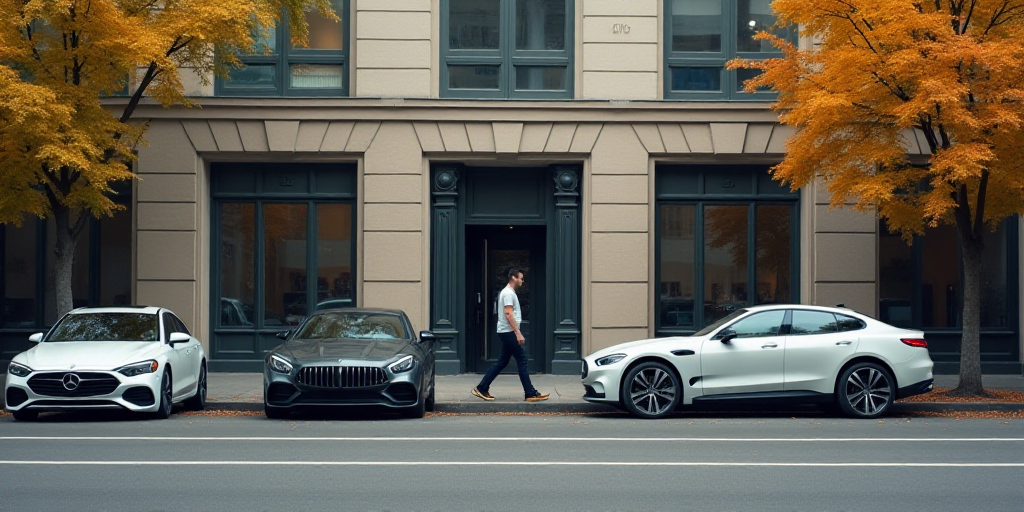 a man walking past a row of parked cars on a sidewalk in front of a building with a man walking by,