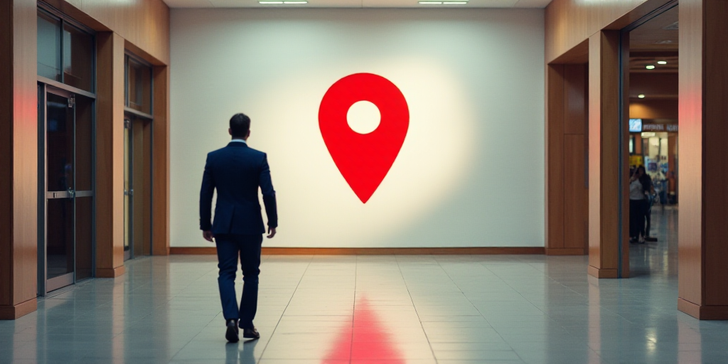 a man walking through a mall with a giant pin logo on the wall behind him and a giant pin sign above