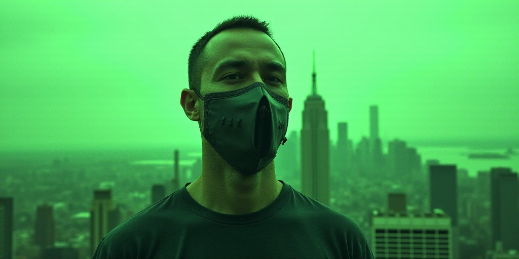 a man wearing a face mask while standing in front of a city skyline with a green background and a gr