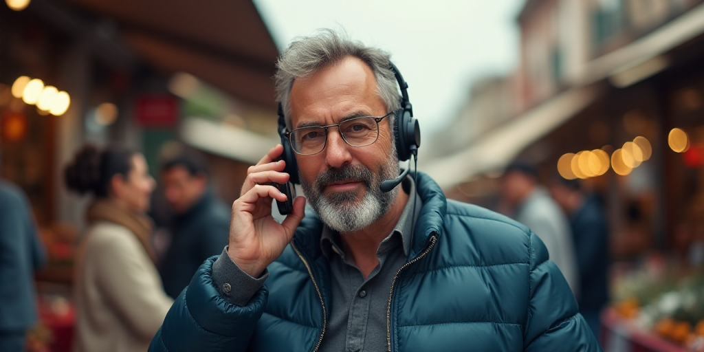 a man wearing a headset talking on a phone in a busy market place with other people in the backgroun