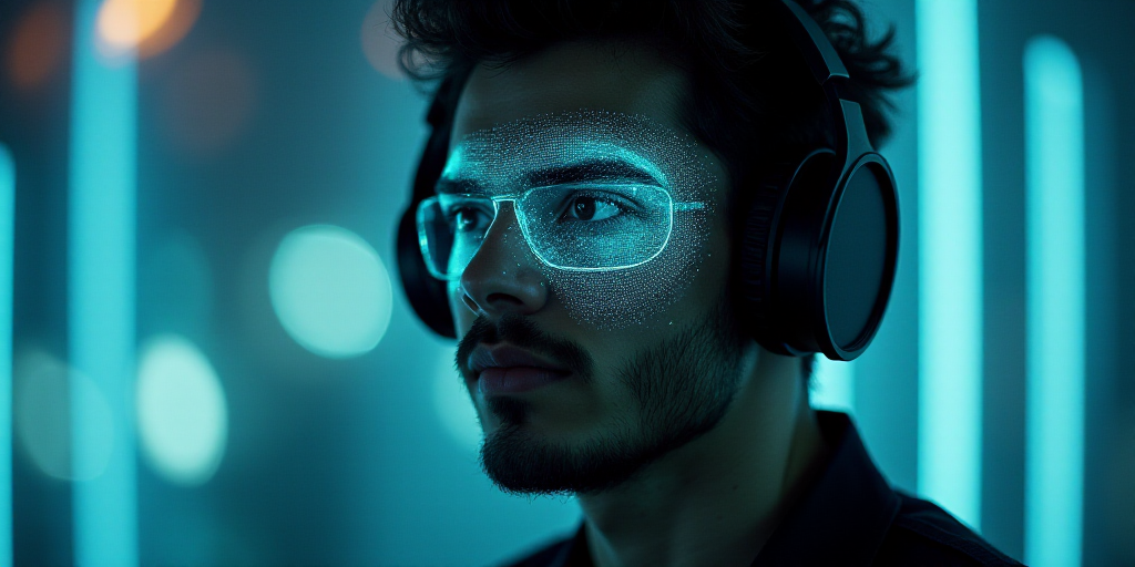 a man wearing headphones and a pair of headphones on his face with a picture of a man in the backgro