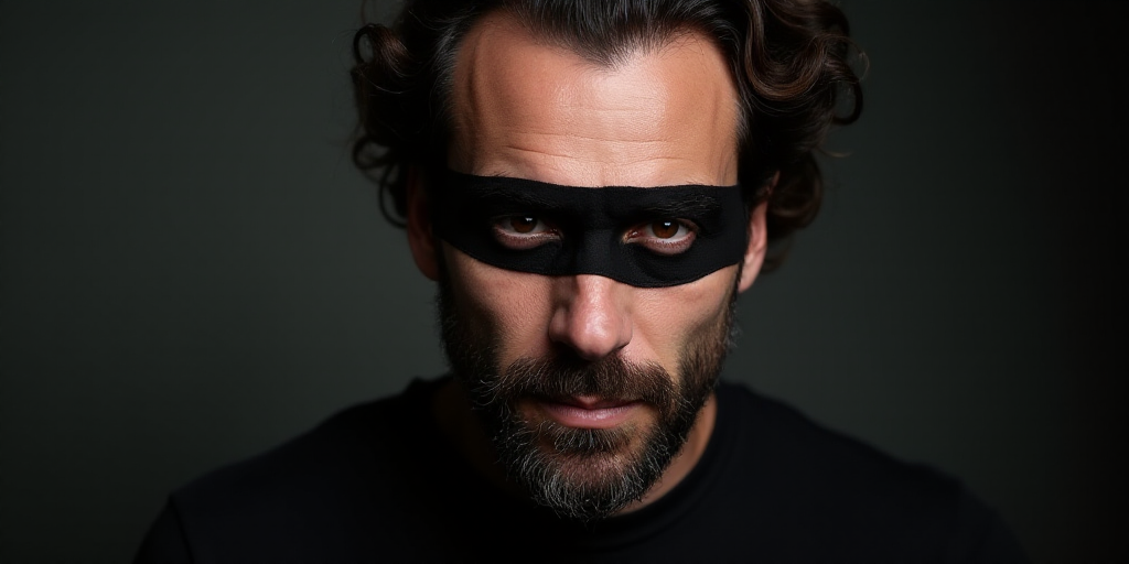 a man with a beard and a black shirt is shown in a picture with a black strip across his face, Estua