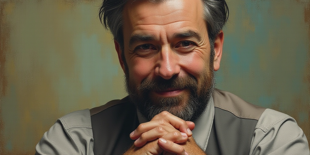 a man with a beard and a tie is smiling for the camera with his hands folded in front of him, Edward