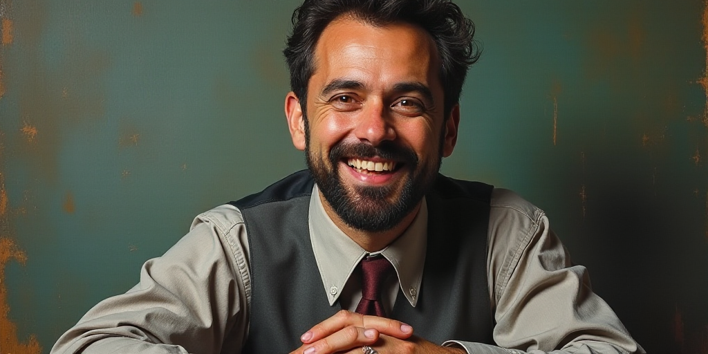a man with a beard and a tie is smiling for the camera with his hands folded in front of him, Edward