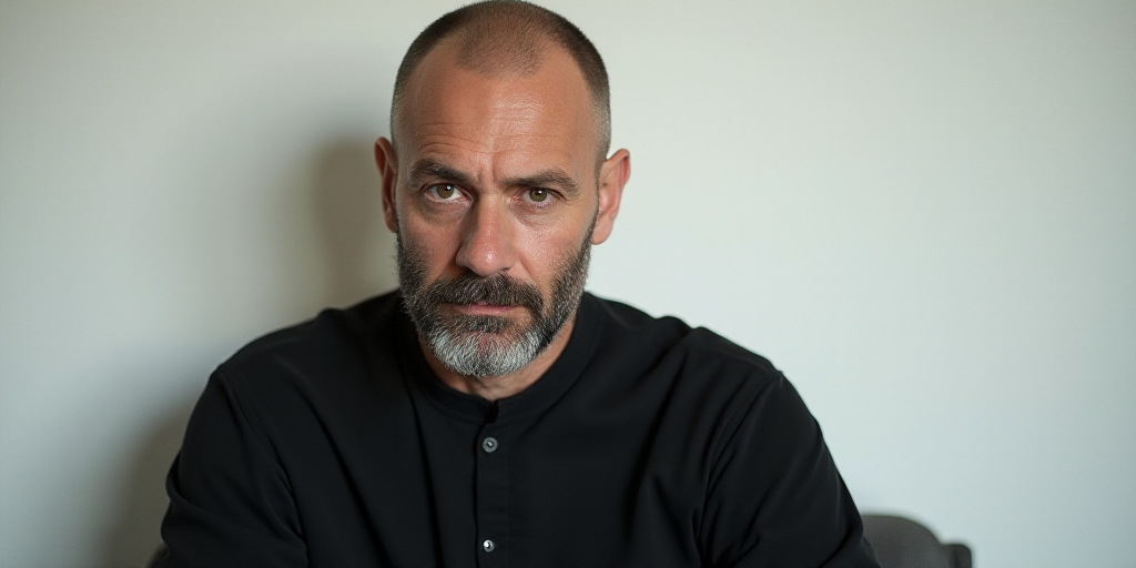 a man with a beard and black shirt looking at the camera with a serious look on his face and a white