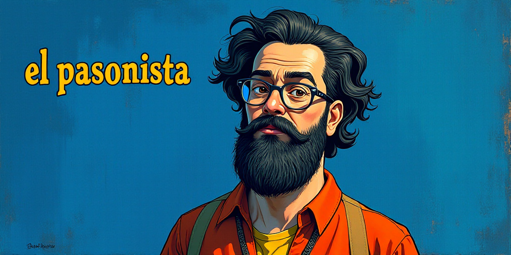 a man with a beard and glasses standing in front of a blue background with the words, el pasonista,