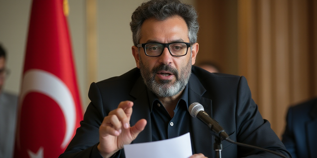 a man with a beard and glasses is speaking into a microphone with a paper in his hand and a flag beh