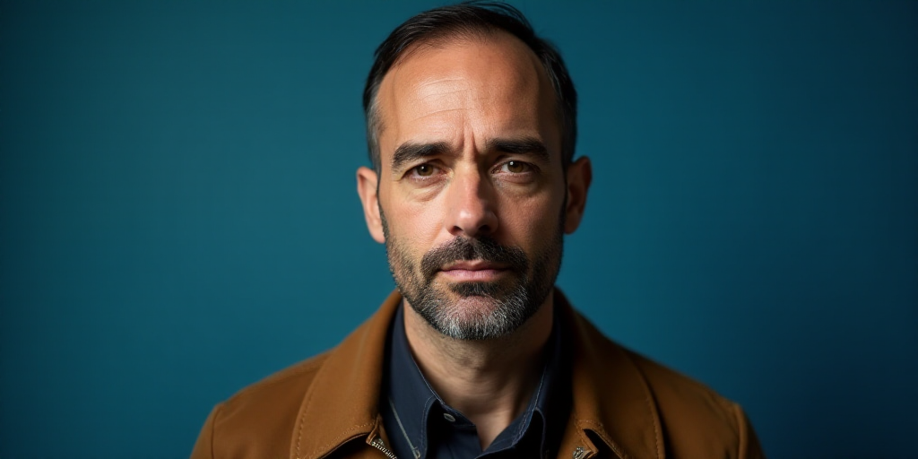 a man with a brown jacket and a blue background is looking at the camera with a serious look on his
