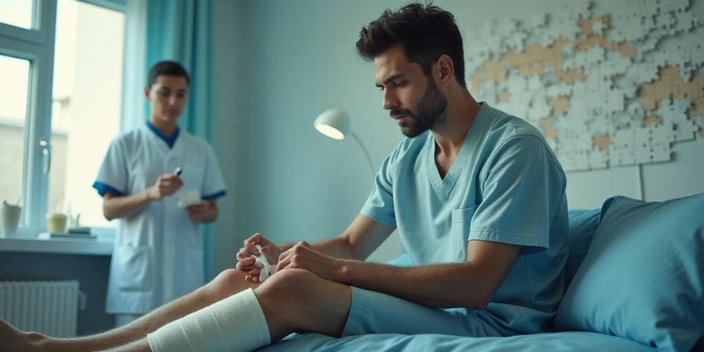 a man with a cast on his leg sitting on a bed with a bandage around his leg and a nurse in the backg
