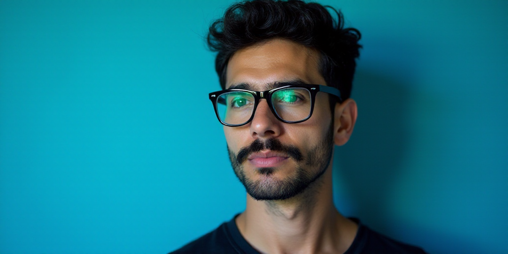 a man with a mustache and glasses is in front of a blue background with a black and white photo, Cá
