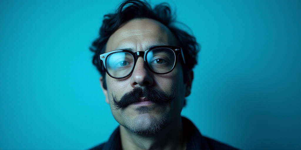 a man with a mustache and glasses is in front of a blue background with a black and white photo, Cá