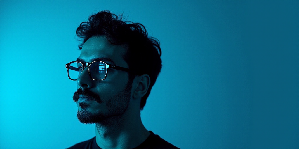 a man with a mustache and glasses is in front of a blue background with a black and white photo, Cá