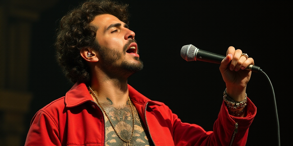 a man with a red jacket and tattoos on his chest holding a microphone in his hand and singing into t