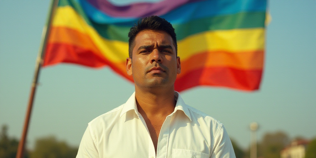 a man with a white shirt and a rainbow flag behind him and a rainbow flag behind him and a rainbow f