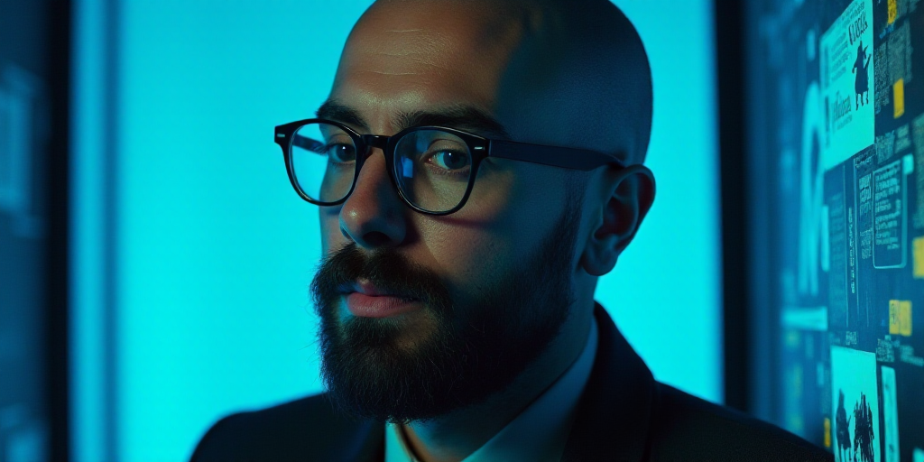 a man with glasses and a beard in front of a blue background with a black and yellow border and a bl