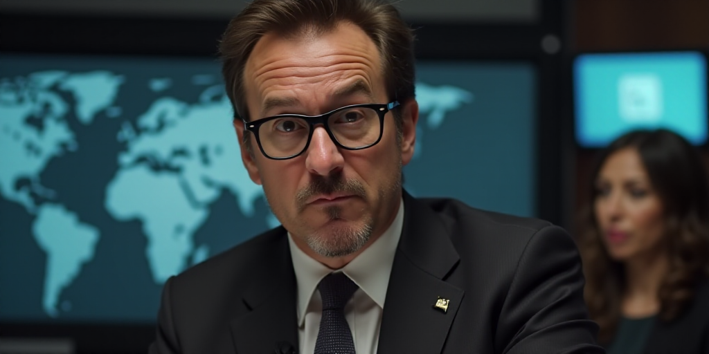 a man with glasses is making a face while talking to the camera with a news anchor behind him and a