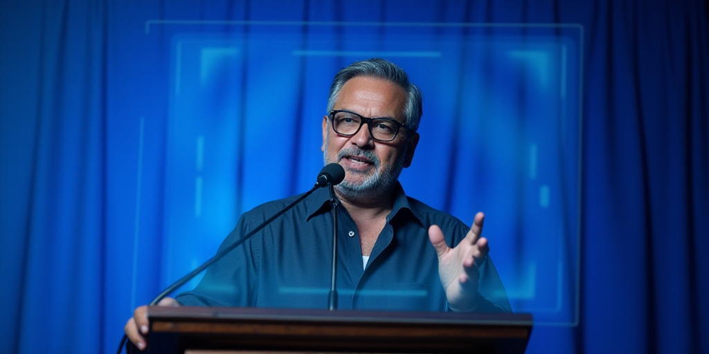 a man with glasses speaking into a microphone at a podium with a blue background and a blue backdrop