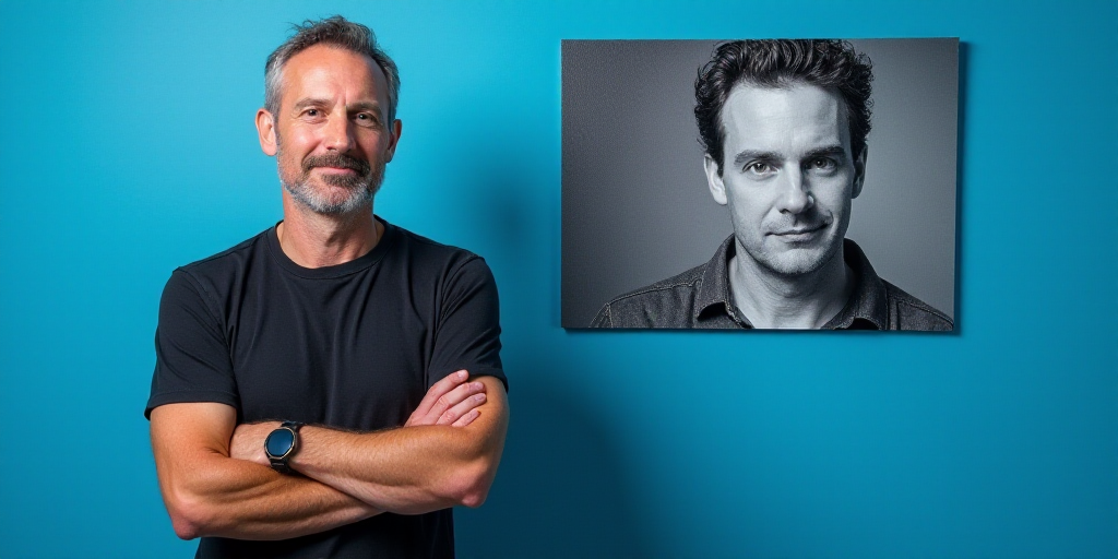 a man with his arms crossed standing in front of a blue background with a black and white photo of h