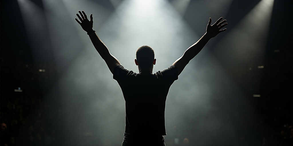 a man with his arms up in the air on stage with his hands raised in the air and his hands raised in