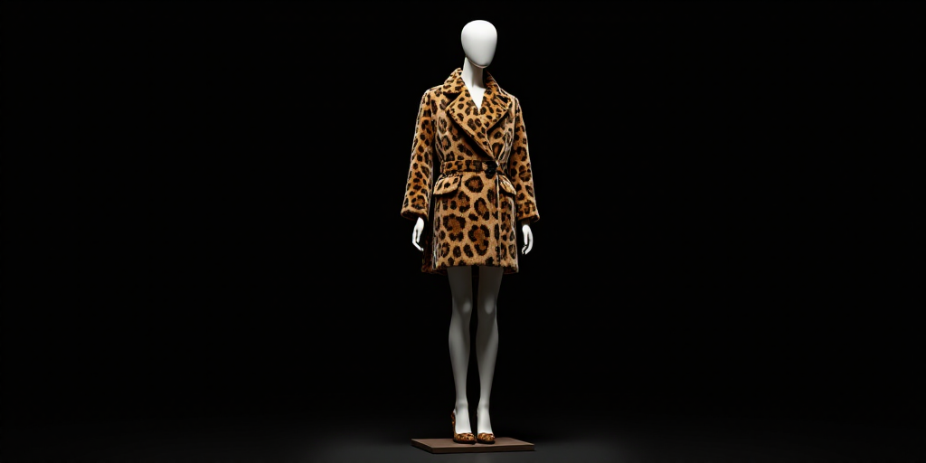 a mannequin dressed in a leopard print coat and matching shoes stands in front of a black background