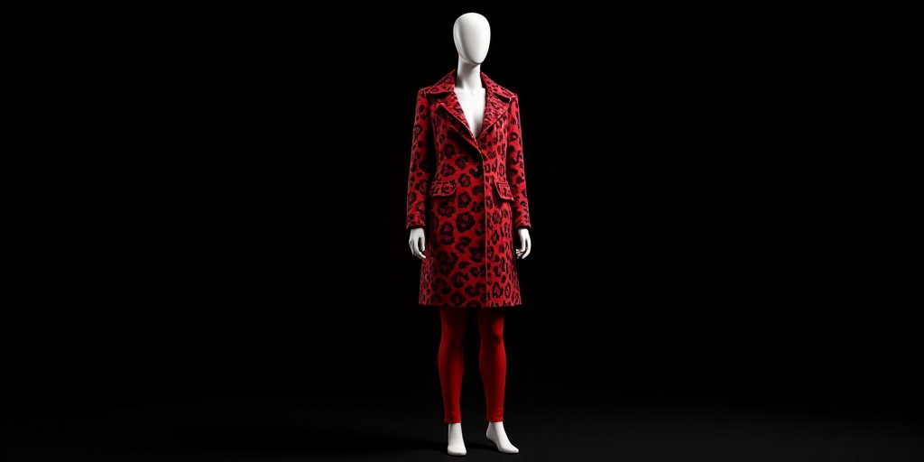 a mannequin dressed in a red leopard print coat and matching pants stands in front of a black backgr