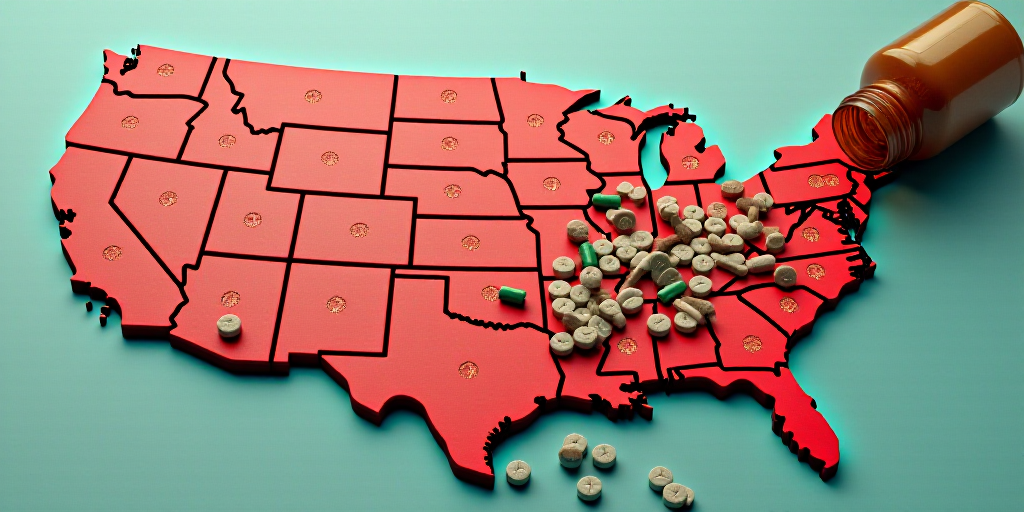 a map of the united states with pills spilling out of it and a bottle of pills spilling out of it, F