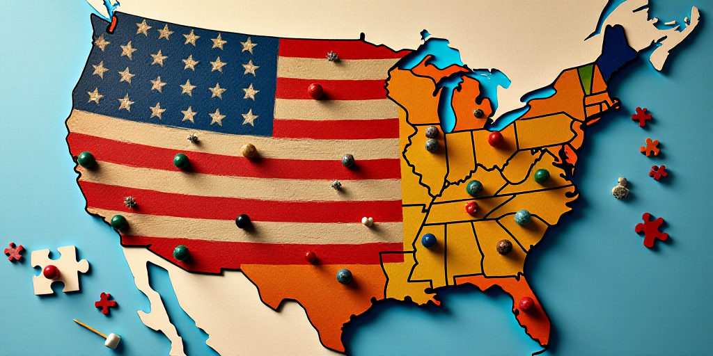 a map of the united states with a flag and a lot of magnets on it, and a flag pole, Evelyn Abelson,