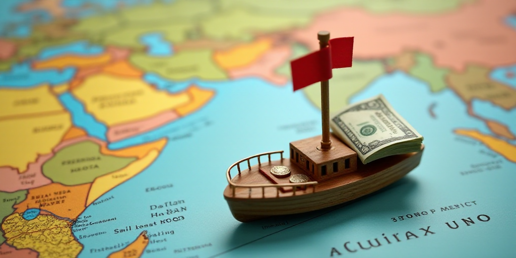 a map with a flag and a miniature boat on top of it with a lot of money sticking out of it, Aquirax
