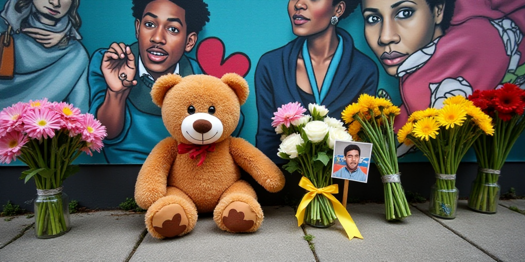 a memorial with flowers, a teddy bear and a picture of alex breitel on it and a yellow ribbon, Alfre