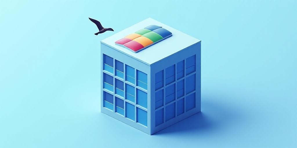 a microsoft logo is on the side of a building that is blue and has windows on it and a bird is flyin