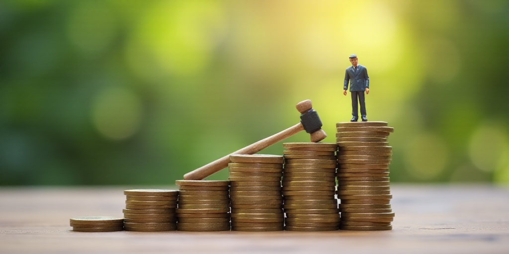 a miniature man standing on top of a pile of coins with a hammer in the middle of the stacks, Andrie