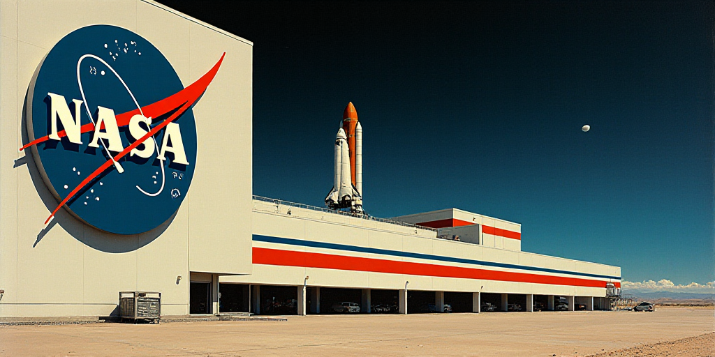 a nasa logo on a building with a red and white stripe on it's side and a blue circle with a red stri