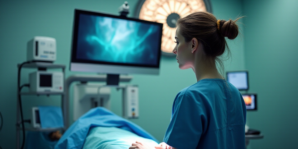 a nurse in a hospital operating room looking at a monitor screen and equipment on the wall behind he