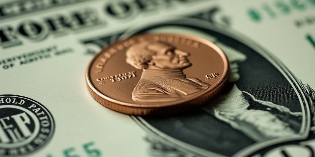 a one dollar bill with a penny on top of it, with the image of george washington on it, Charles Frem