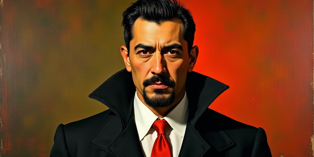 a painting of a man with a red tie and a black shirt on his neck and a white shirt on his chest, Die