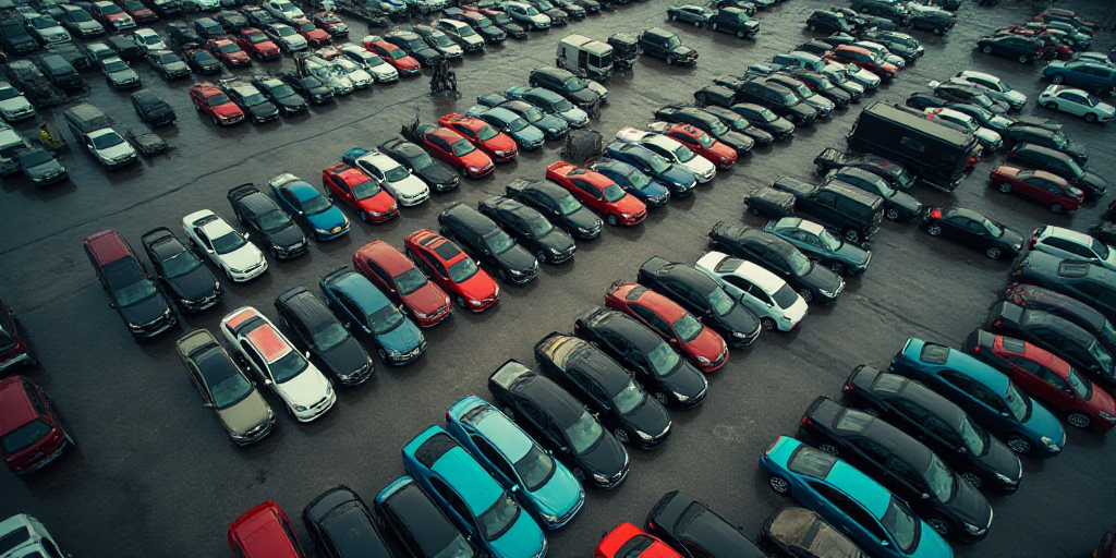 a parking lot filled with lots of parked cars next to each other on top of a parking lot next to a p