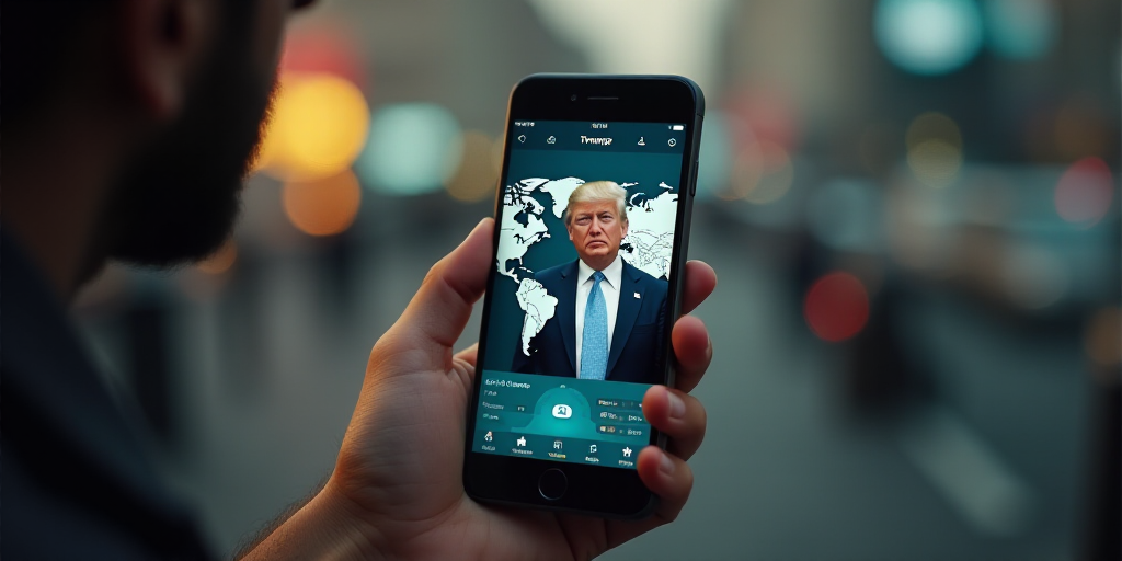 a person holding a cell phone with a map of the world on it and a picture of donald trump, Andries S