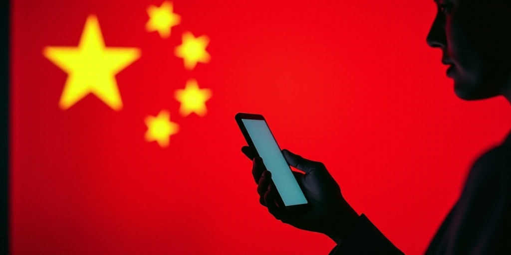 a person holding a cell phone in front of a flag of the united states of china and the logo of the c