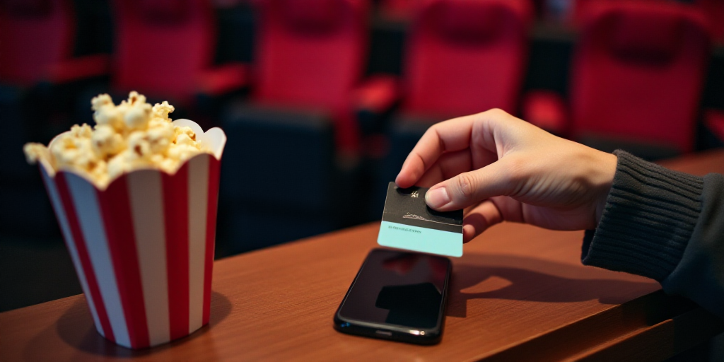 a person holding a credit card and a cell phone next to a box of popcorn and a drink on a table, Avg