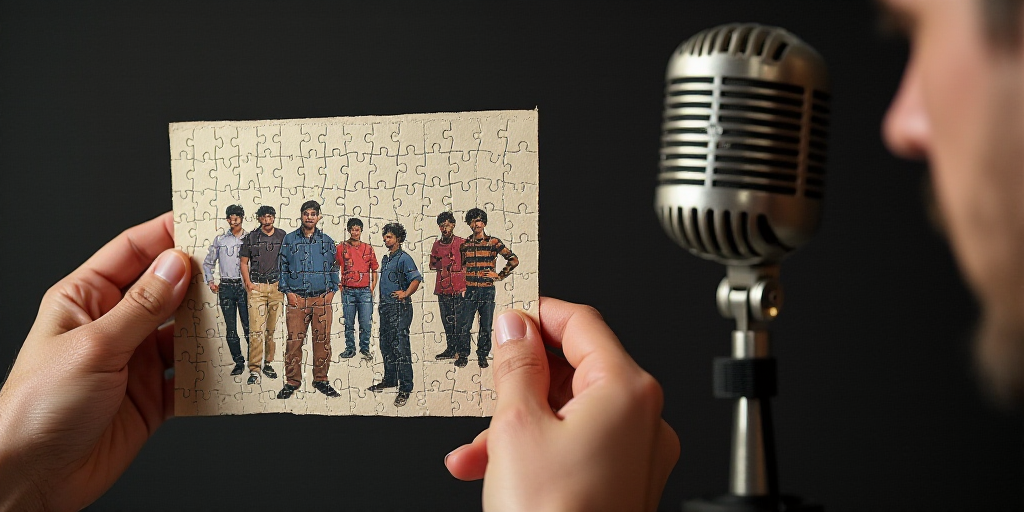 a person holding a paper with a picture of people on it and a microphone in the background with a mi
