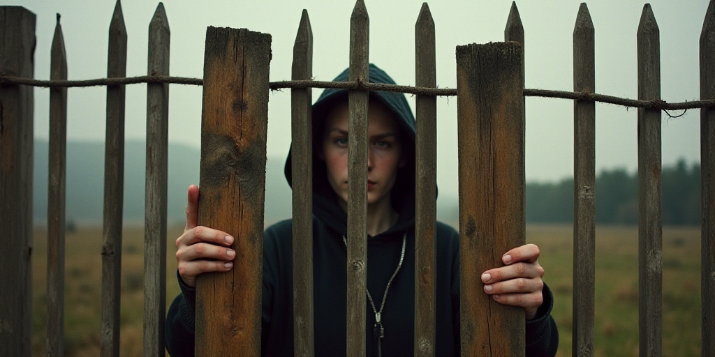 a person holding a piece of wood behind a fence with their hands on it and a piece of wood sticking