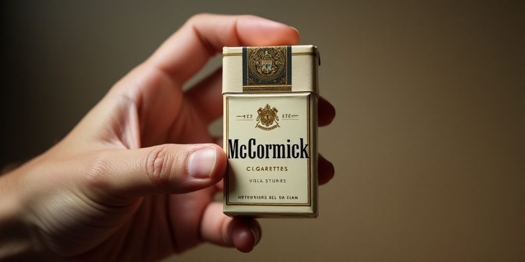 a person holding a small box of mccormick cigarettes in their hand, with the label on it, Christophe