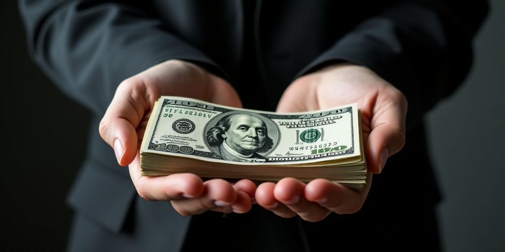 a person holding a stack of money in their hands and a black jacket on top of them and a black jacke