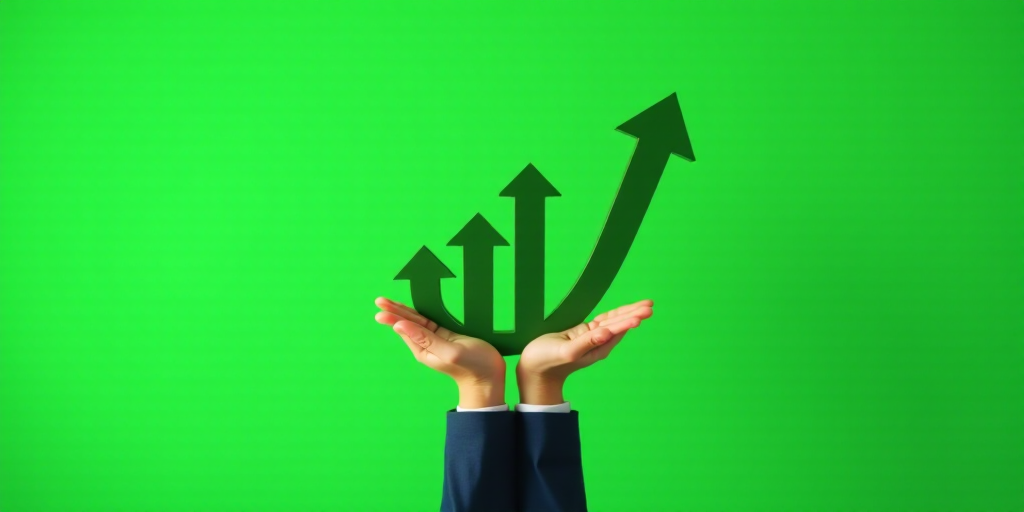 a person holding money with arrows going up and down on it, with a green background and a green arro