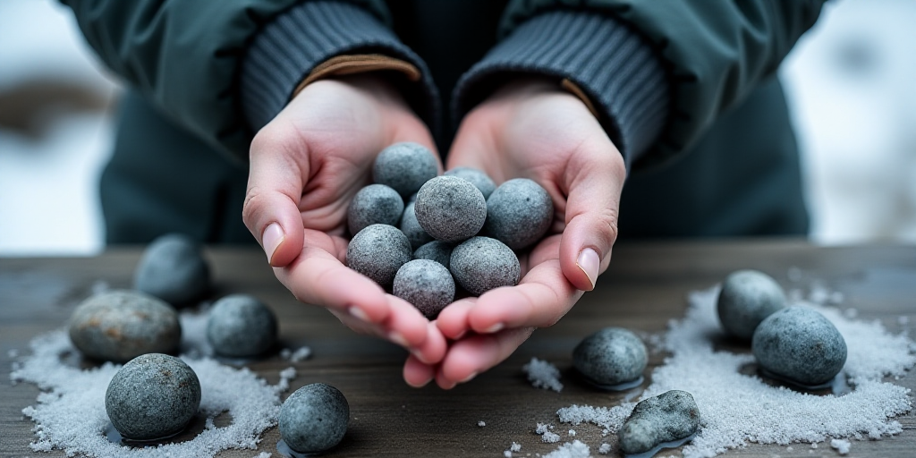 a person holding some rocks in their hands on a table with water and snow on it, and a few more rock